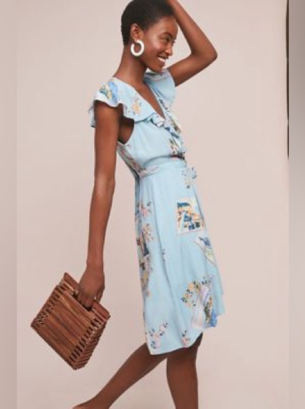Maeve Anthropologie Floral Ruffle Wrap Midi Dress Size 6 Romantic Vacation Boho